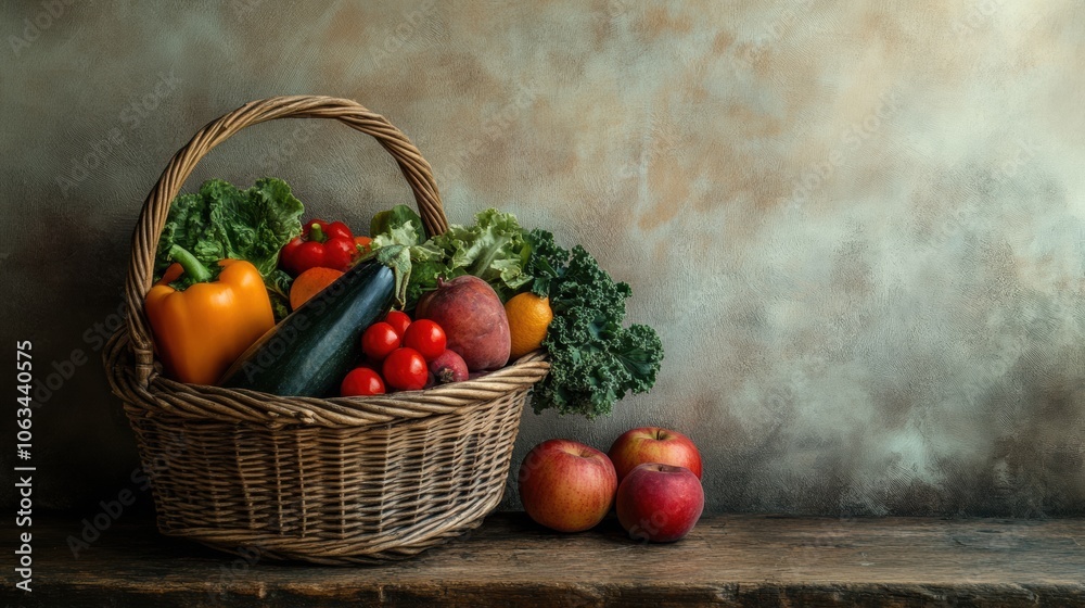 Poster a wicker basket brimming with a vibrant selection of fresh vegetables and fruits rests on a rustic w