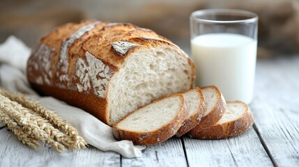 Rustic white wooden table with a loaf of homemade bread, freshly sliced, beside a glass of milk