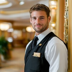 A smiling male hotel staff member in a formal setting.