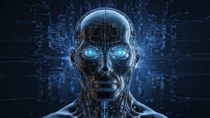 A futuristic humanoid robot with glowing blue eyes against a digital circuit background, evoking themes of technology and artificial intelligence (Generative AI)