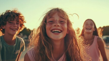 Fototapeta premium Teens enjoying summer outdoors, carefree moments, lively group, joy and connection.