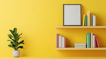 Bright yellow room with shelves displaying colorful books and a plant, creating a vibrant and inviting atmosphere.