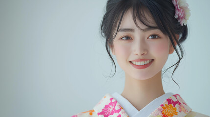 Fototapeta premium 着物姿の笑顔の若い日本人女性