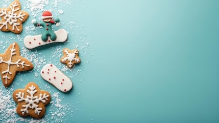 Fototapeta premium Decorated Christmas cookie snowboarder in action, snowy winter backdrop, vibrant holiday fun