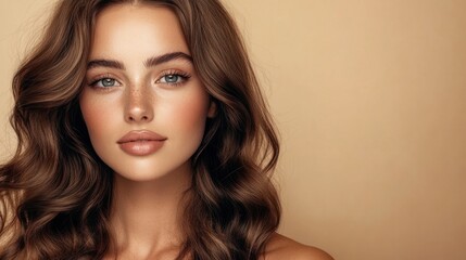 Fototapeta premium Confident woman with big, voluminous waves, natural makeup, on a beige background