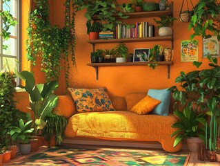 Fototapeta premium Detailed digital painting of a cozy reading nook filled with lush greenery and warm colors