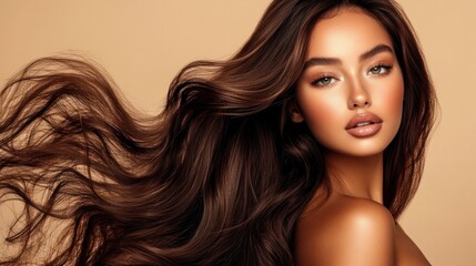 Naklejka premium Confident woman with big, voluminous waves, natural makeup, on a beige background