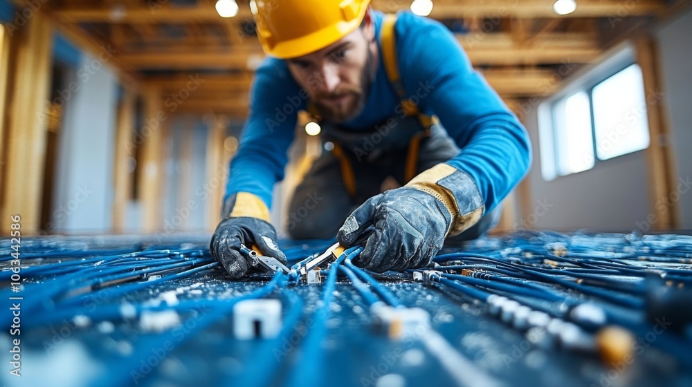 Poster a construction worker in a hard hat and gloves carefully arranges various electrical wires on the fl
