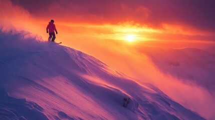 A lone snowboarder riding along a mountain ridge during sunset