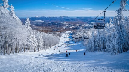 Fototapeta premium Ski slope with snowy trees and mountains