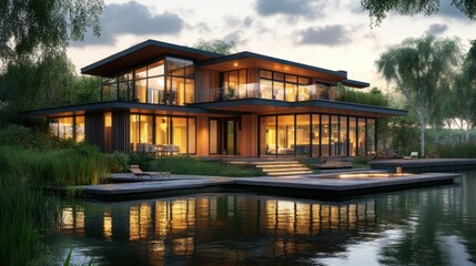 Fototapeta premium An eco-friendly contemporary house in a quiet lakeside setting
