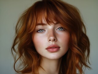 A woman with red hair and blue eyes is looking at the camera