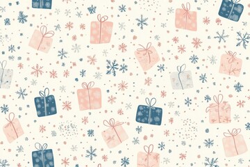 Playful holiday pattern with pastel-colored gift boxes and snowflakes on a light background. Suitable for Christmas decor, wrapping paper, and festive designs