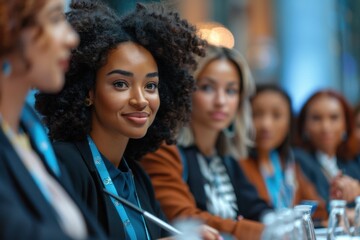 A female manager smiles while engaging in a budget discussion with her diverse team in a modern office setting.