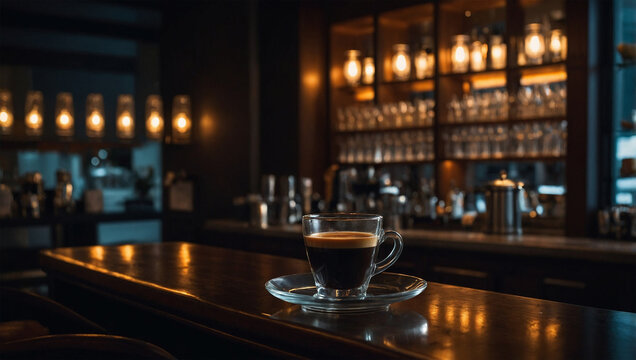 Rich, dark espresso shot served in a small cup, set on a sleek bar counter with warm ambient lighting.