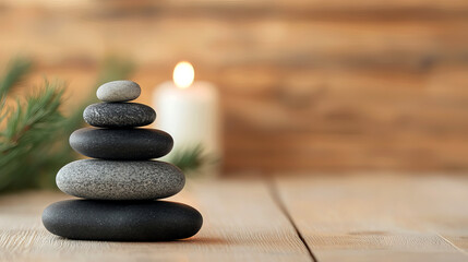 A serene stack of stones on a wooden surface, complemented by a soft candlelight, evoking tranquility and balance.