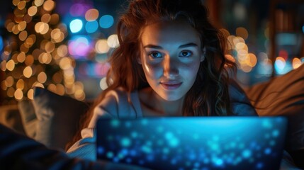 Fototapeta premium A young woman is sitting on a couch, illuminated by the glow of a laptop screen, with a festive background of blurred lights, creating a warm and cozy atmosphere.