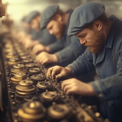 Workers assembling machinery in a factory setting.