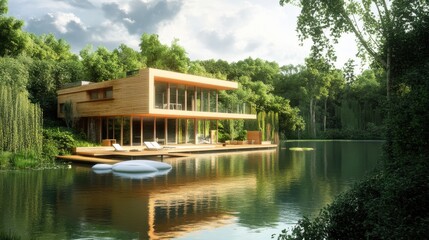 Obraz premium An innovative eco-conscious home by a peaceful lake