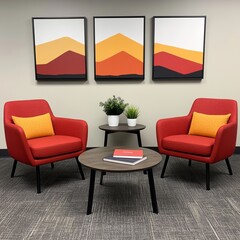A cozy seating area with modern chairs and abstract wall art.
