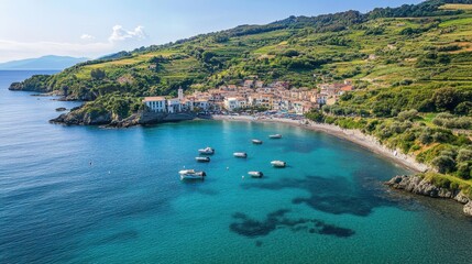 High-angle perspective of a white seaside village in Italy,