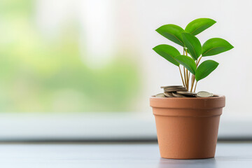 Fototapeta premium potted plant with coins symbolizes investment growth and prosperity
