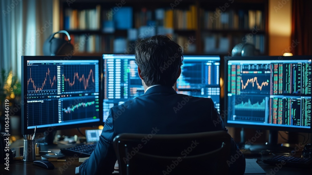 Poster A focused trader is seated in a sleek office, intently analyzing stock market data displayed across several large monitors. The warm glow of lights creates a productive atmosphere.
