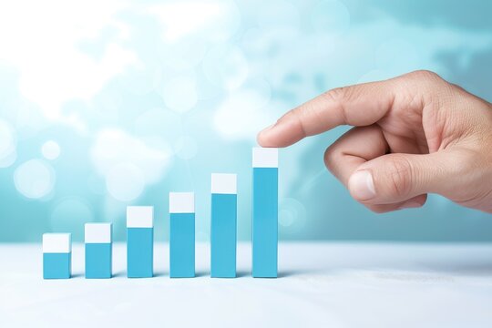 Hand Reaching for the Top of a Blue Bar Graph.