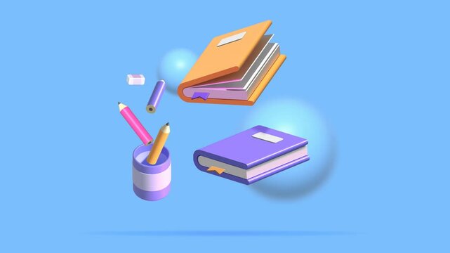 School supplies floating in the air with blue pastel background. Back to school and education concept