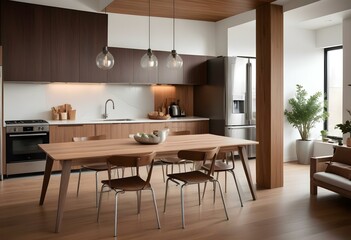A modern, minimalist kitchen with wooden cabinets, stainless steel appliances, and a wooden dining table with chairs.