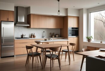 A modern, minimalist kitchen with wooden cabinets, stainless steel appliances, and a wooden dining table with chairs.