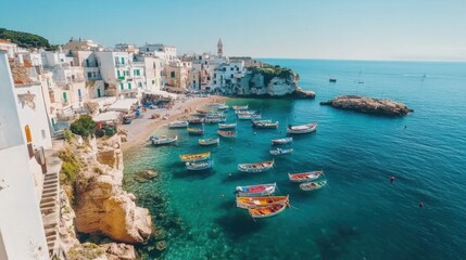 Naklejka premium High-angle shot of a quaint white village along the Italian coastline