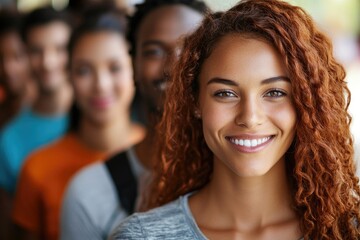 Obraz premium Young latin woman smiling with diverse group of students in background
