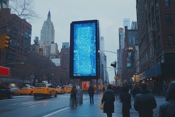 Large digital billboard displaying abstract blue pattern in new york city street