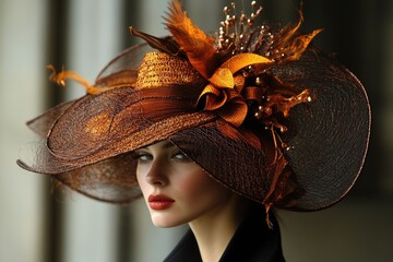 Fashion model wearing elegant brown hat with feathers and flowers © Gatherina
