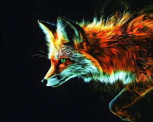 Fototapeta premium Neon Fox Prowling Stealthily in the Dark Glowing Fur and Eyes on Black Background