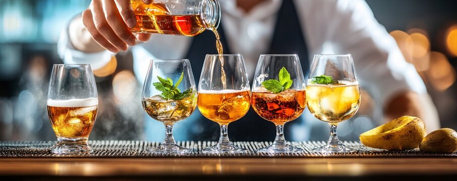 Bartender pouring alcoholic beverage into glass with ice and mint.