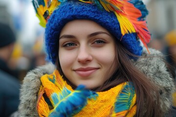 Ukrainian woman smiling wearing blue and yellow winter clothes