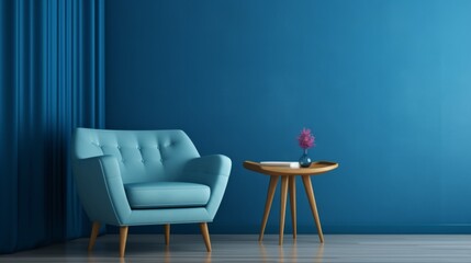 interior design concept armchair with blue upholstery coffee table  on blue wall background 