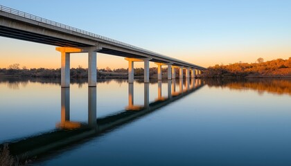 A highway bridge crossing over a large river, reflections of the structure in the water, calm and modern, Realistic, Photography