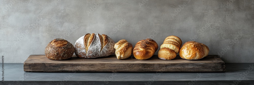 Poster a collection of various freshly baked bread and pastries is artfully displayed on a rustic wooden bo