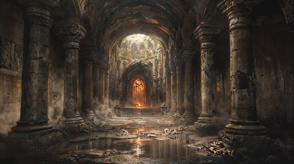 Ancient, dilapidated stone cathedral with broken columns and distant eerie flames in dark, moody atmosphere.