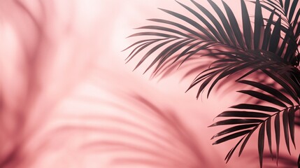 Soft pink wall with blurred palm leaves' shadows, offering a minimalistic backdrop for spring and summer product presentations.