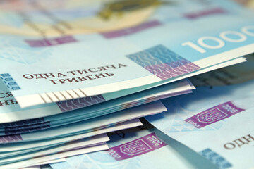 Banknotes 1000 Hryvnia. Real Ukrainian paper money of blue yellow color