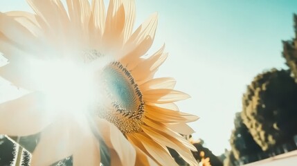 Obraz premium Sunflower field stretching toward the horizon under a vibrant blue sky, with each flower facing the sun, capturing the warmth and joy of summer.