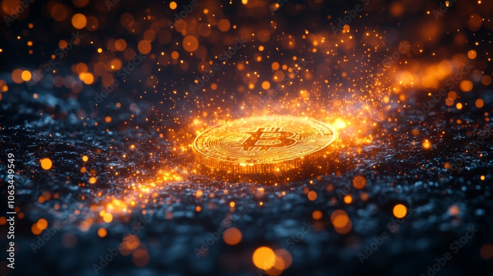 Poster A glowing Bitcoin coin rests among vibrant orange and gold particles, creating a captivating visual effect in a dark, digital environment filled with energy.