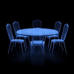 A translucent blue table with six matching chairs against a black background.