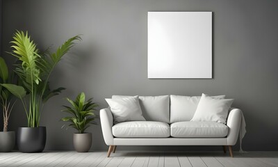 A modern living room with a white sofa, a potted plant, and a blank white canvas on the wall.