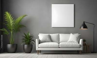 A modern living room with a white sofa, a potted plant, and a blank white canvas on the wall.