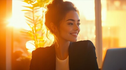 A woman sitting in front of a laptop computer at sunset